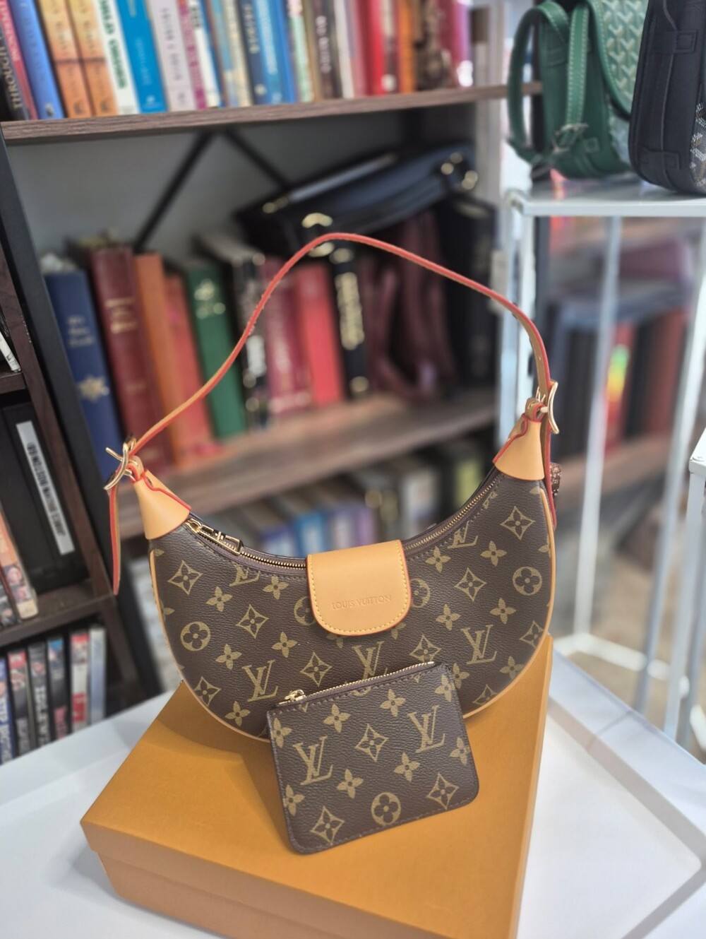 Designer Inspired Monogram Crescent Shoulder Bag in Brown with Tan Trim